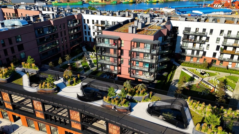 Modern residential housing development from an elevated angle