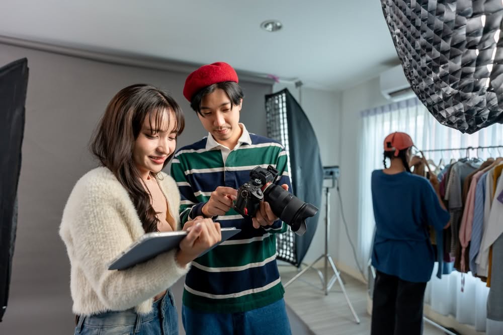 Photographer directing models during a branding photo and video shoot